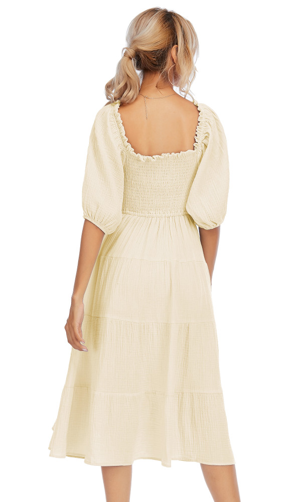 R.Vivimos Women's Summer Linen Lantern Sleeves Ruffled Off Shoulder A-Line Midi Dresses