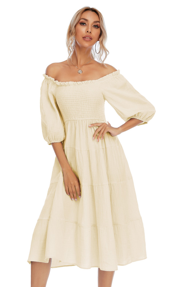 R.Vivimos Women's Summer Linen Lantern Sleeves Ruffled Off Shoulder A-Line Midi Dresses