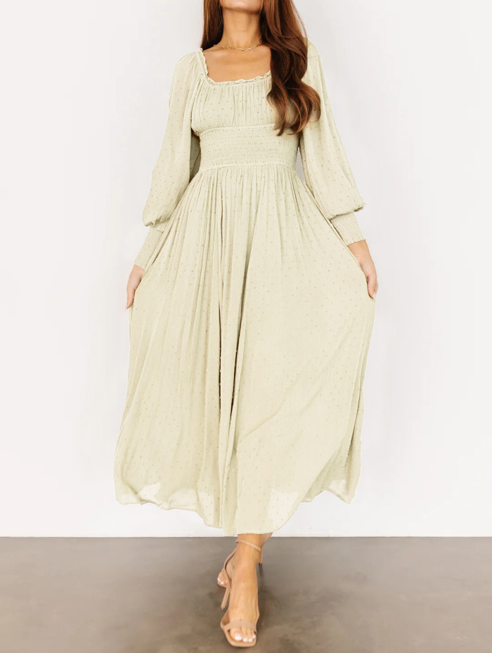 R.Vivimos Women's Puff Long Sleeve Maxi Dress Square Neck Elastic Empire Waist Swiss Dots Casual Flowy A-Line Long Dresses