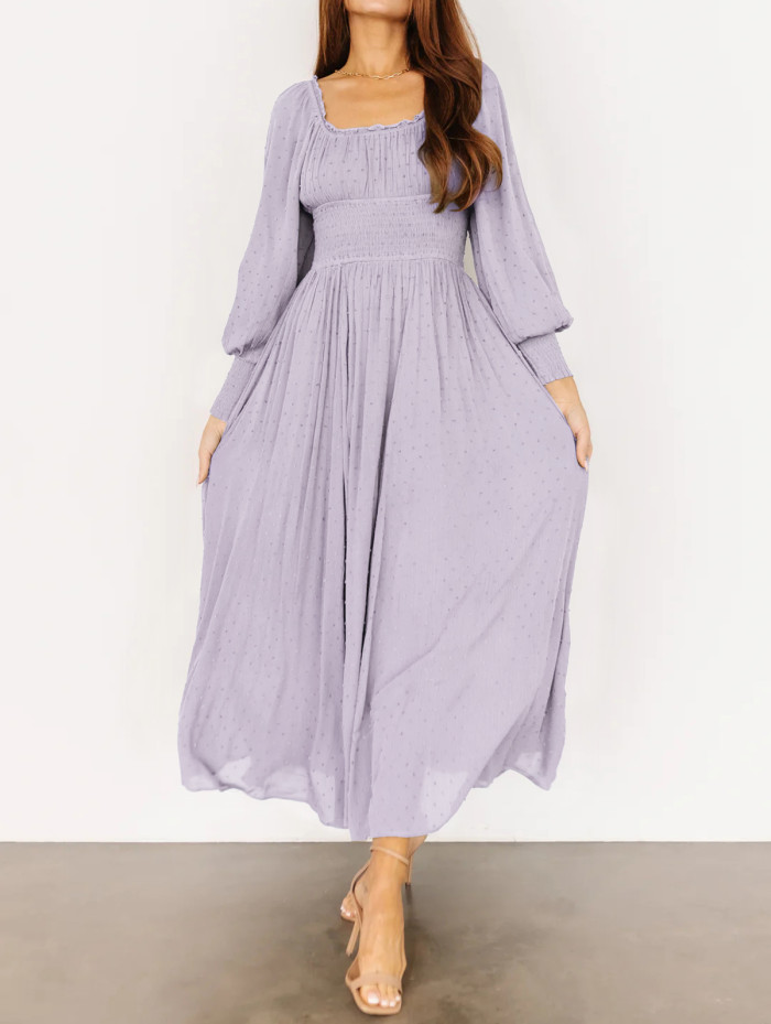 R.Vivimos Women's Puff Long Sleeve Maxi Dress Square Neck Elastic Empire Waist Swiss Dots Casual Flowy A-Line Long Dresses