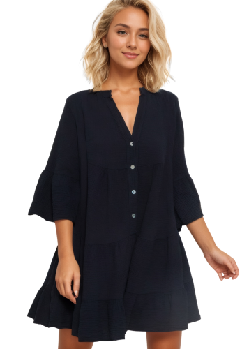 R.Vivimos Cotton Dresses for Women Summer V Neck 3/4 Flare Sleeve Button Front Casual Loose Tiered Mini Dress