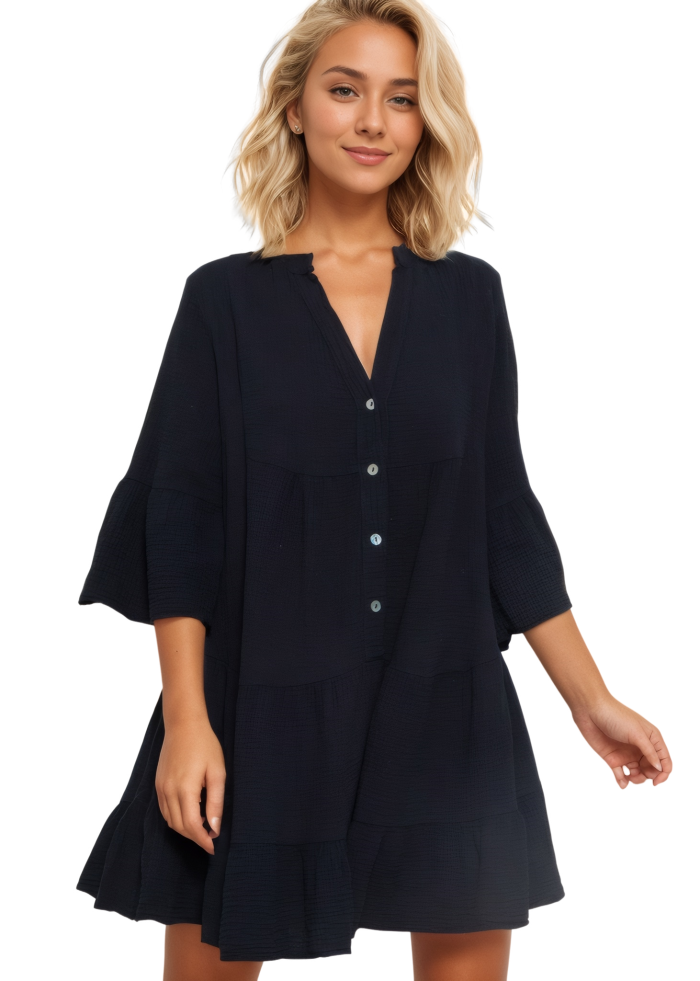 R.Vivimos Cotton Dresses for Women Summer V Neck 3/4 Flare Sleeve Button Front Casual Loose Tiered Mini Dress
