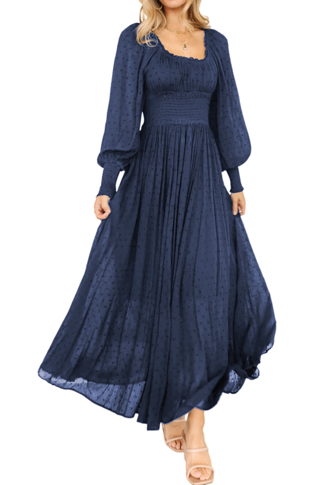 R.Vivimos Women's Puff Long Sleeve Maxi Dress Square Neck Elastic Empire Waist Swiss Dots Casual Flowy A-Line Long Dresses