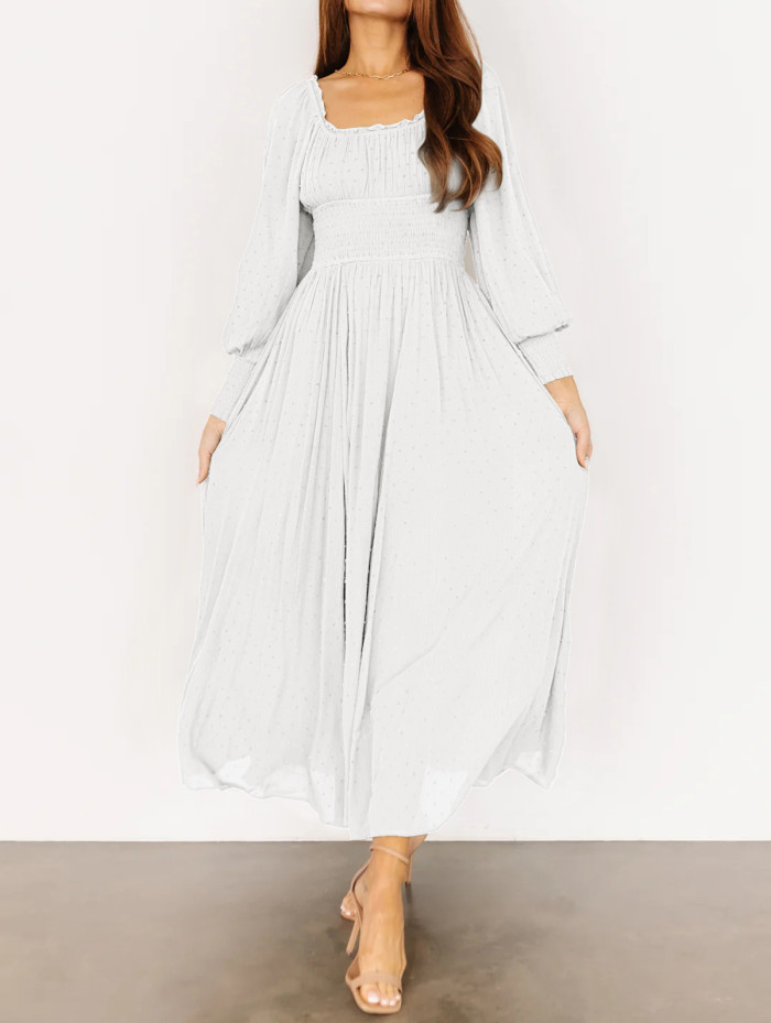 R.Vivimos Women's Puff Long Sleeve Maxi Dress Square Neck Elastic Empire Waist Swiss Dots Casual Flowy A-Line Long Dresses