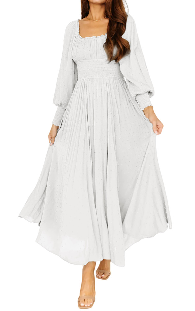 R.Vivimos Women's Puff Long Sleeve Maxi Dress Square Neck Elastic Empire Waist Swiss Dots Casual Flowy A-Line Long Dresses