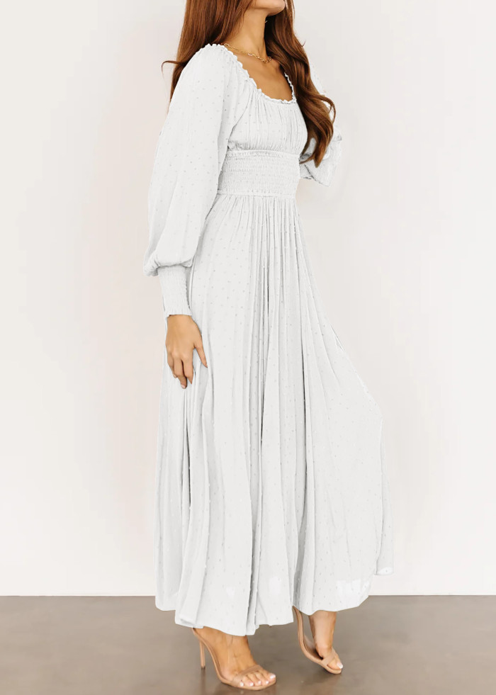 R.Vivimos Women's Puff Long Sleeve Maxi Dress Square Neck Elastic Empire Waist Swiss Dots Casual Flowy A-Line Long Dresses