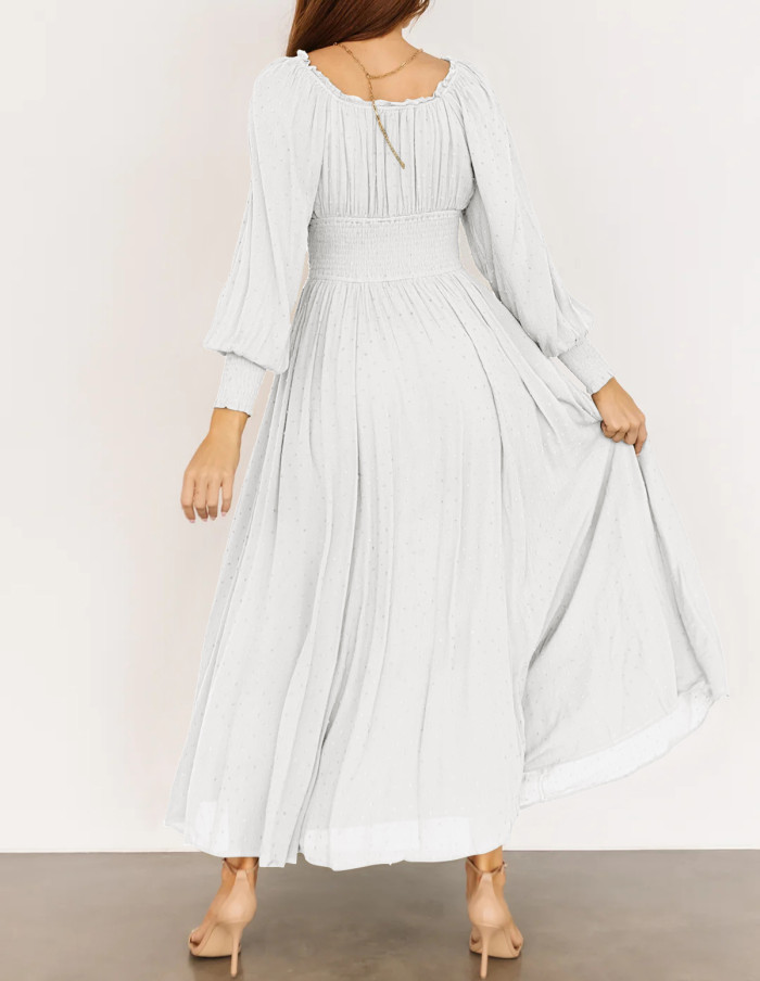 R.Vivimos Women's Puff Long Sleeve Maxi Dress Square Neck Elastic Empire Waist Swiss Dots Casual Flowy A-Line Long Dresses