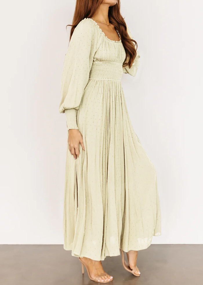 R.Vivimos Women's Puff Long Sleeve Maxi Dress Square Neck Elastic Empire Waist Swiss Dots Casual Flowy A-Line Long Dresses
