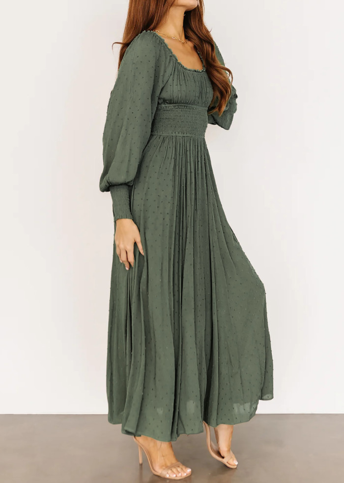 R.Vivimos Women's Puff Long Sleeve Maxi Dress Square Neck Elastic Empire Waist Swiss Dots Casual Flowy A-Line Long Dresses