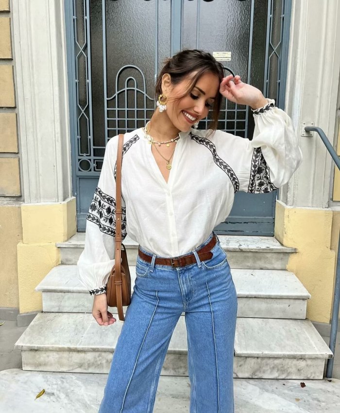 Umimore Women's Vintage Embroidered Shirt Boho Puff Sleeve V Neck Blouse Summer Casual Button Down Tops Tunic Loose Blouse