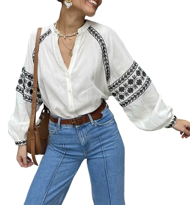 Umimore Women's Vintage Embroidered Shirt Boho Puff Sleeve V Neck Blouse Summer Casual Button Down Tops Tunic Loose Blouse