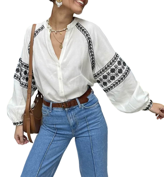 Umimore Women's Vintage Embroidered Shirt Boho Puff Sleeve V Neck Blouse Summer Casual Button Down Tops Tunic Loose Blouse