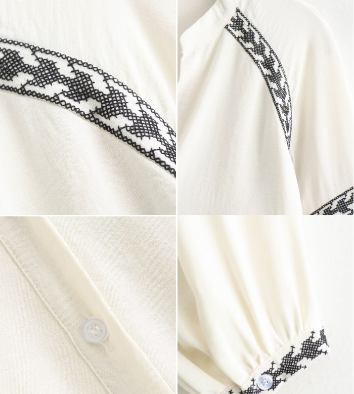 Umimore Women's Vintage Embroidered Shirt Boho Puff Sleeve V Neck Blouse Summer Casual Button Down Tops Tunic Loose Blouse