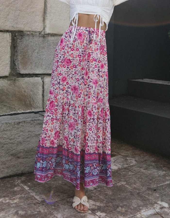 R.Vivimos Womens Summer Cotton Vintage Floral Print Boho Casual Long Skirt
