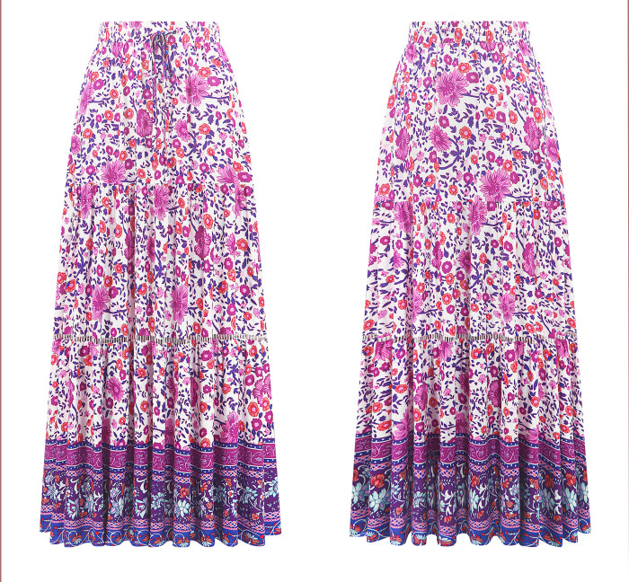 R.Vivimos Womens Summer Cotton Vintage Floral Print Boho Casual Long Skirt