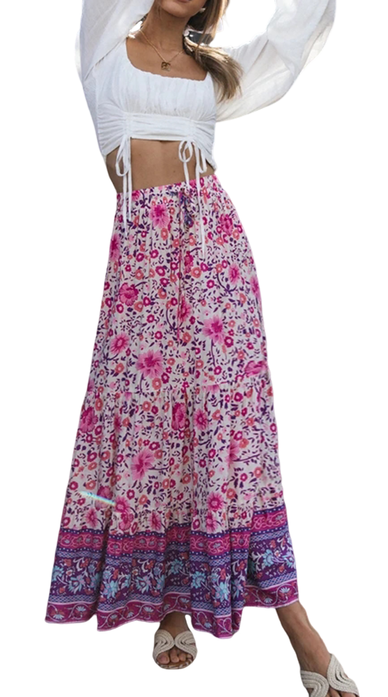 R.Vivimos Womens Summer Cotton Vintage Floral Print Boho Casual Long Skirt