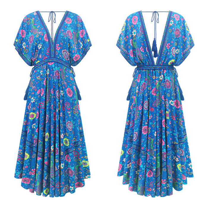 R.Vivimos Women Summer Print Deep V Neck Cotton Beach Midi Dresses