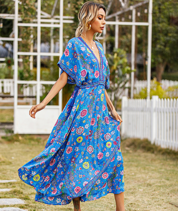 R.Vivimos Women Summer Print Deep V Neck Cotton Beach Midi Dresses