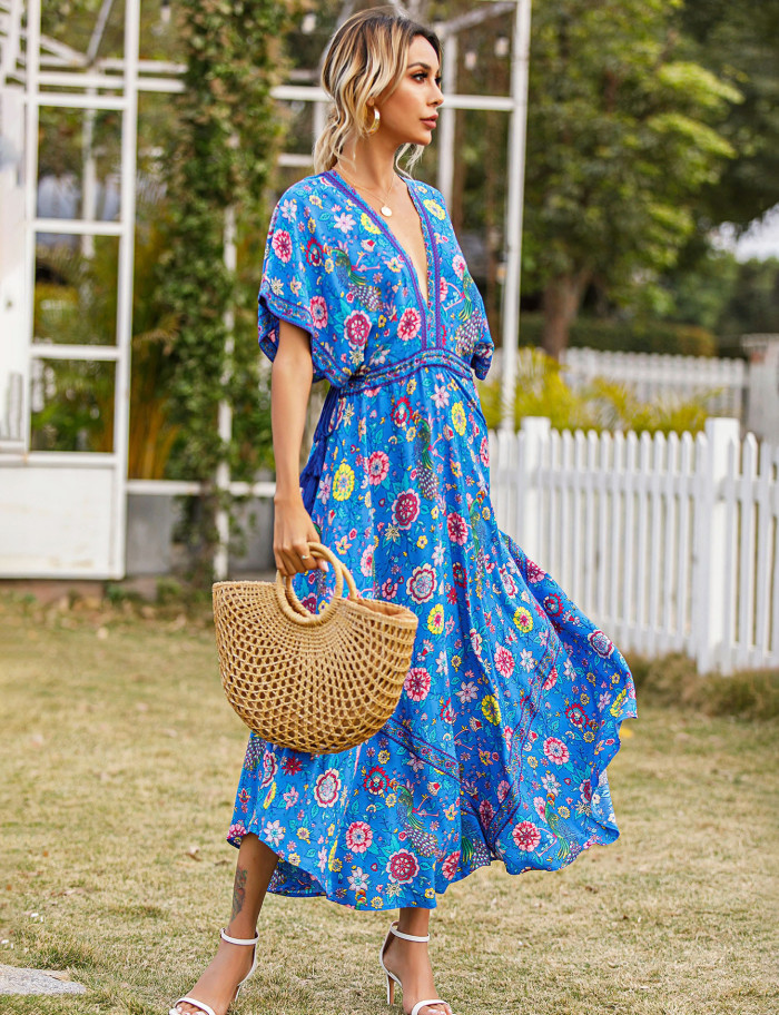 R.Vivimos Women Summer Print Deep V Neck Cotton Beach Midi Dresses