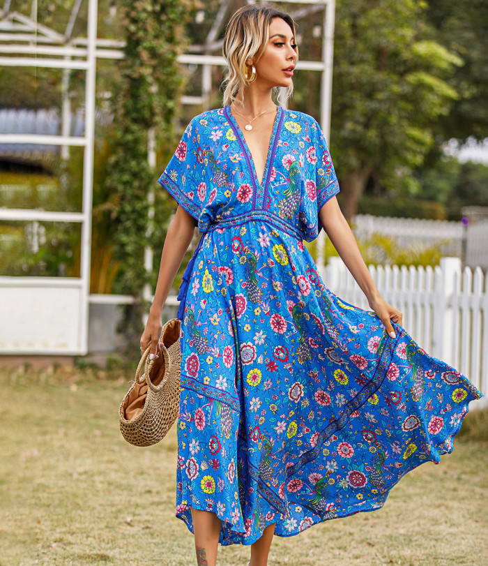 R.Vivimos Women Summer Print Deep V Neck Cotton Beach Midi Dresses