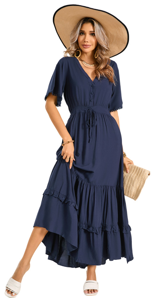 R.Vivimos Womens Summer Cotton Short Sleeve V Neck Floral Print Casual Bohemian Long Dresses