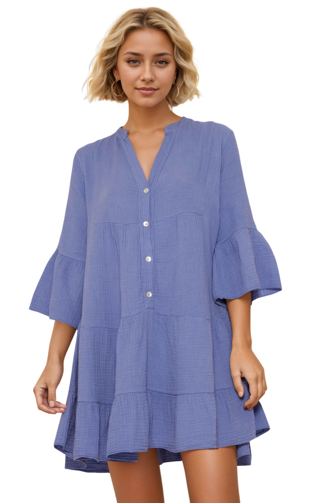 R.Vivimos Cotton Dresses for Women Summer V Neck 3/4 Flare Sleeve Button Front Casual Loose Tiered Mini Dress