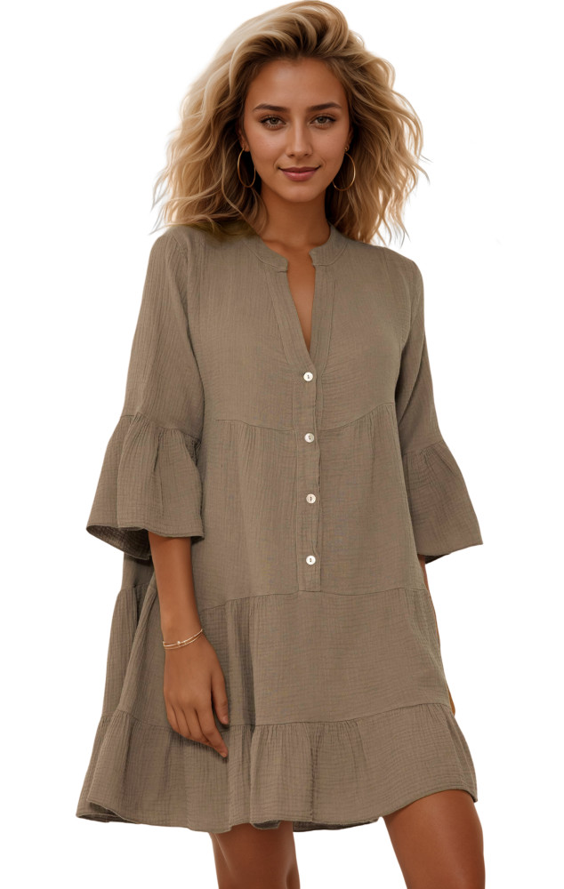 R.Vivimos Cotton Dresses for Women Summer V Neck 3/4 Flare Sleeve Button Front Casual Loose Tiered Mini Dress