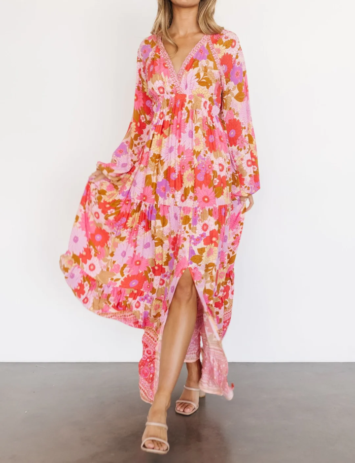 R.Vivimos Women's Boho Floral Print Maxi Dress V Neck Long Sleeve Elastic Waist Casual Flowy Slit Long Sundress