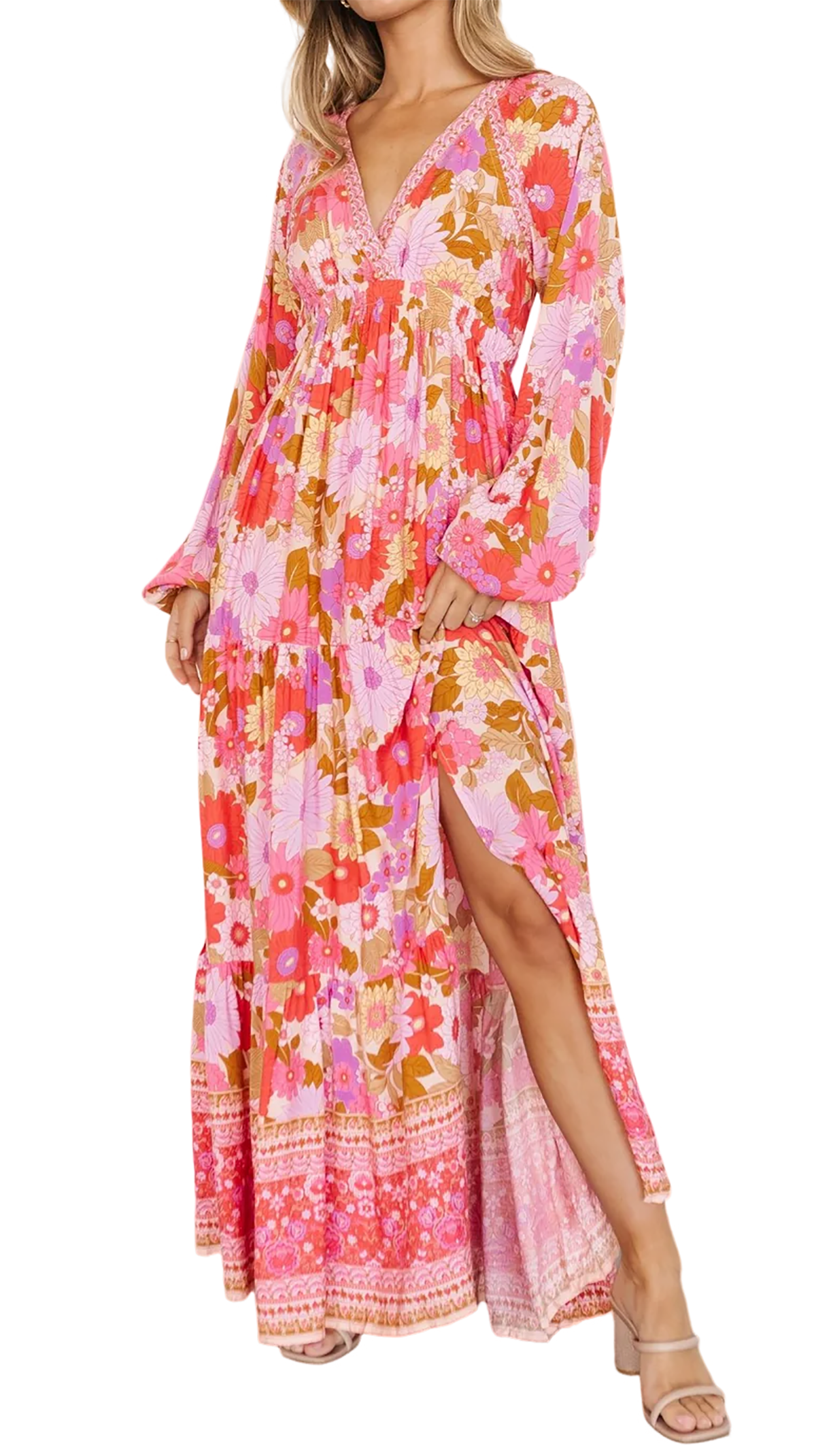 R.Vivimos Women's Boho Floral Print Maxi Dress V Neck Long Sleeve Elastic Waist Casual Flowy Slit Long Sundress