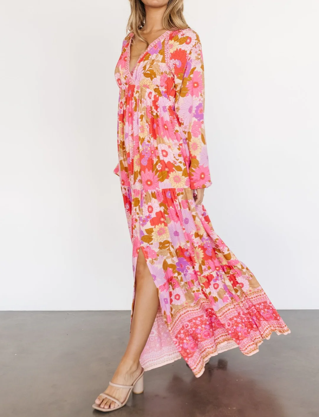 R.Vivimos Women's Boho Floral Print Maxi Dress V Neck Long Sleeve Elastic Waist Casual Flowy Slit Long Sundress4