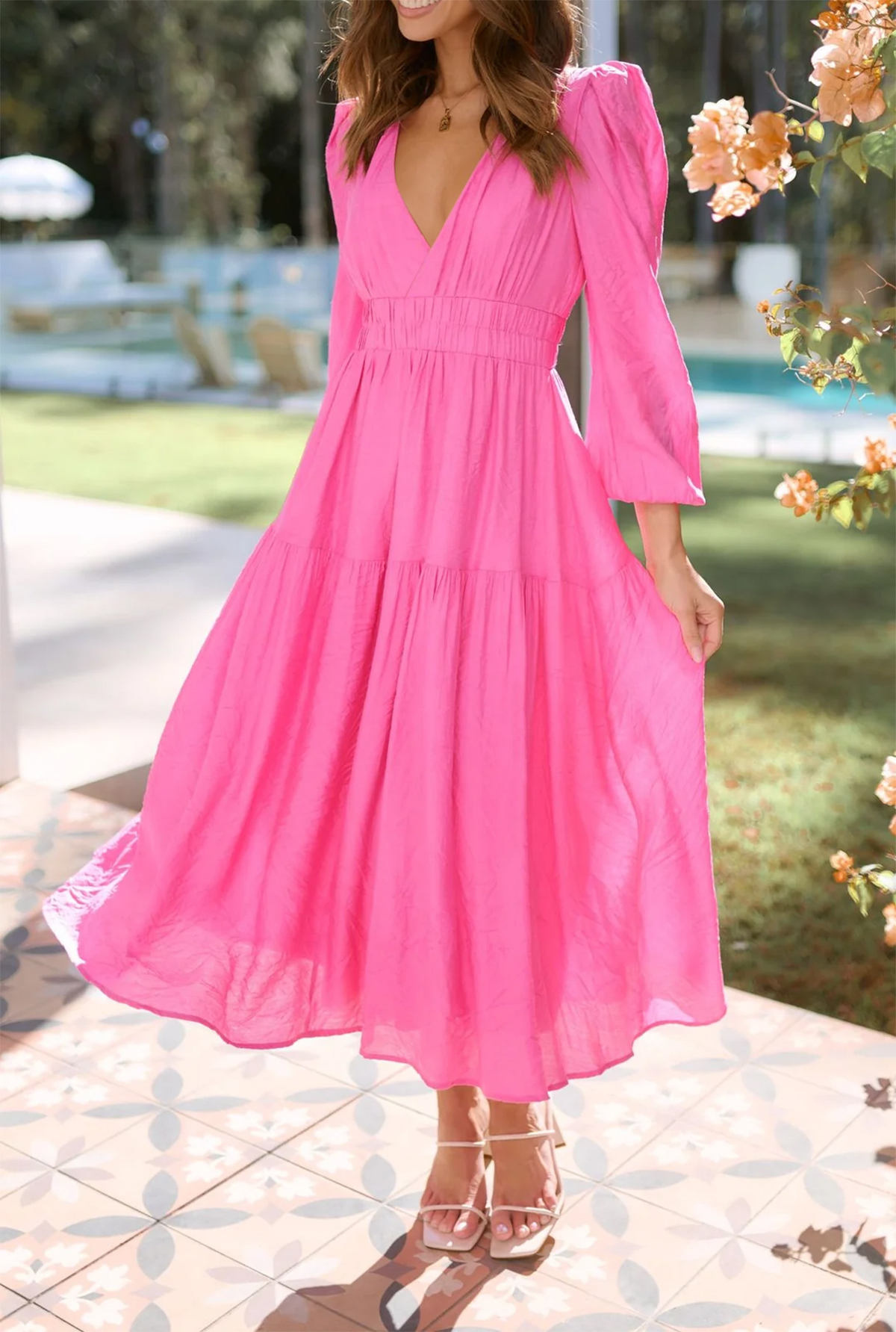 R.Vivimos Womens Casual Long Sleeve Midi Dress Deep V Neck Elastic Waist A-Line Tiered Flowy Elegant Dresses3