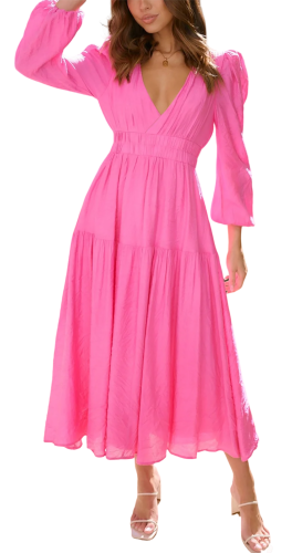 R.Vivimos Womens Casual Long Sleeve Midi Dress Deep V Neck Elastic Waist A-Line Tiered Flowy Elegant Dresses