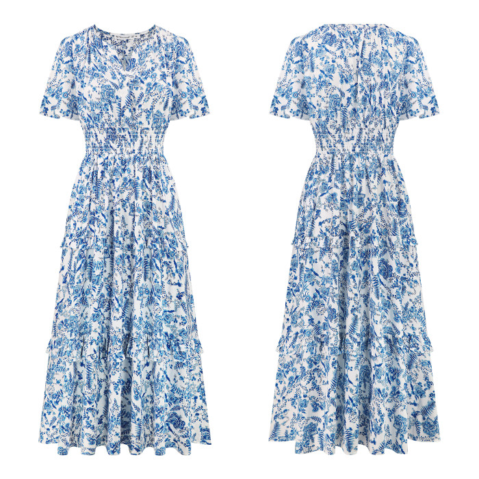 R.Vivimos Women's Summer Cotton V Neck Short Sleeve Boho Floral Print Elastic Smocked Waist A-Line Midi Dress with Pockets