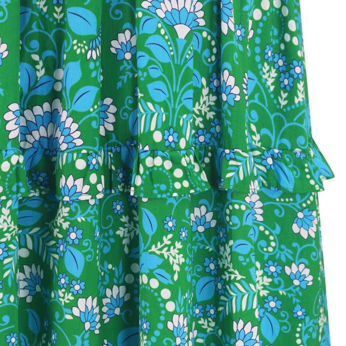 R.Vivimos Women's Summer Cotton V Neck Short Sleeve Boho Floral Print Elastic Smocked Waist A-Line Midi Dress with Pockets