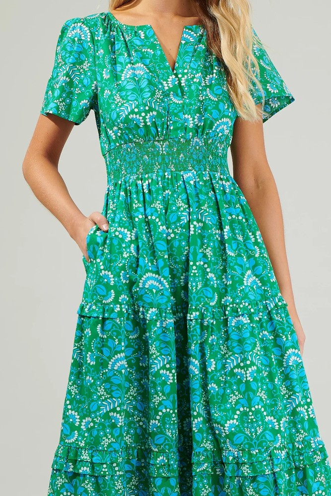 R.Vivimos Women's Summer Cotton V Neck Short Sleeve Boho Floral Print Elastic Smocked Waist A-Line Midi Dress with Pockets