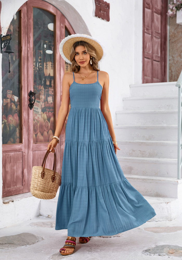 R.Vivimos Women's Summer Adjustable Spaghetti Strap Flowy Maxi Dress Boho  Bow Tie Back Sexy Backless