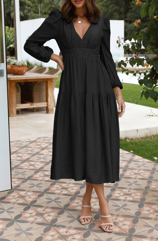 R.Vivimos Womens Casual Long Sleeve Midi Dress Deep V Neck Elastic Waist A-Line Tiered Flowy Elegant Dresses