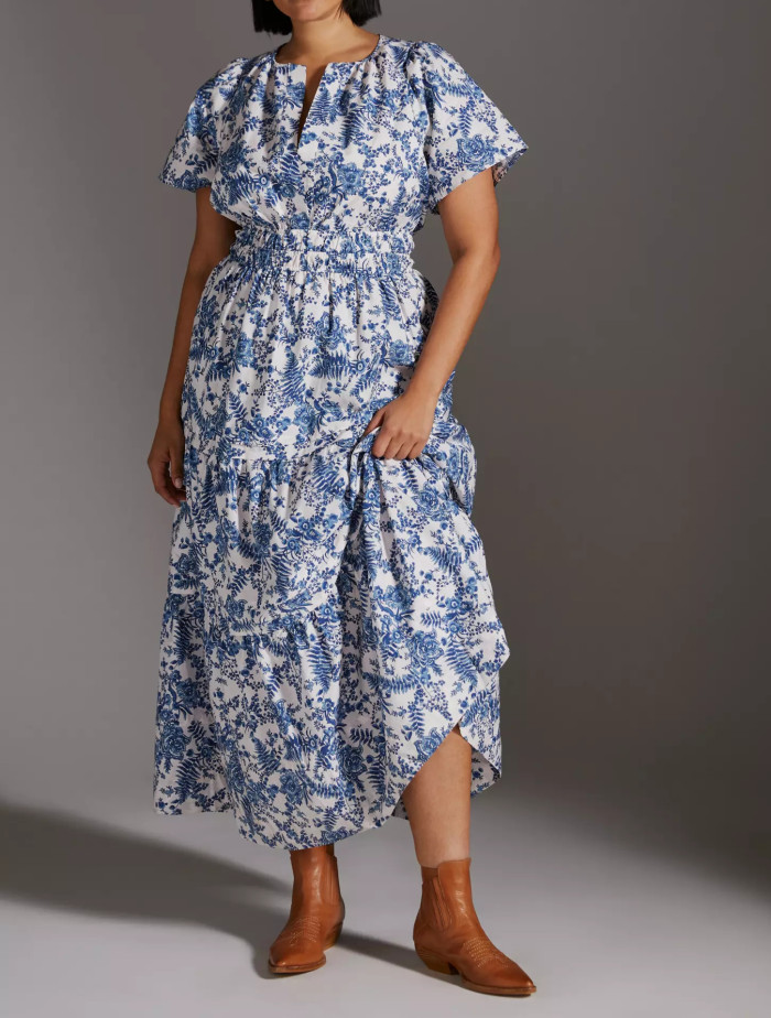 R.Vivimos Women's Summer Cotton V Neck Short Sleeve Boho Floral Print Elastic Smocked Waist A-Line Midi Dress with Pockets