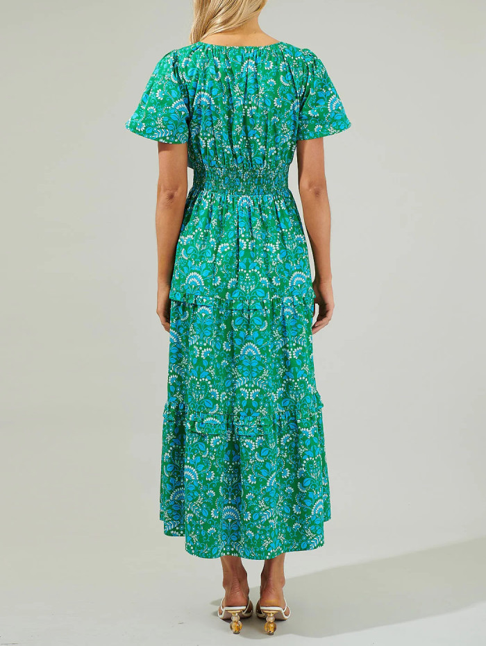R.Vivimos Women's Summer Cotton V Neck Short Sleeve Boho Floral Print Elastic Smocked Waist A-Line Midi Dress with Pockets