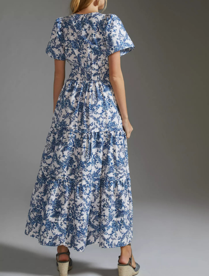 R.Vivimos Women's Summer Cotton V Neck Short Sleeve Boho Floral Print Elastic Smocked Waist A-Line Midi Dress with Pockets
