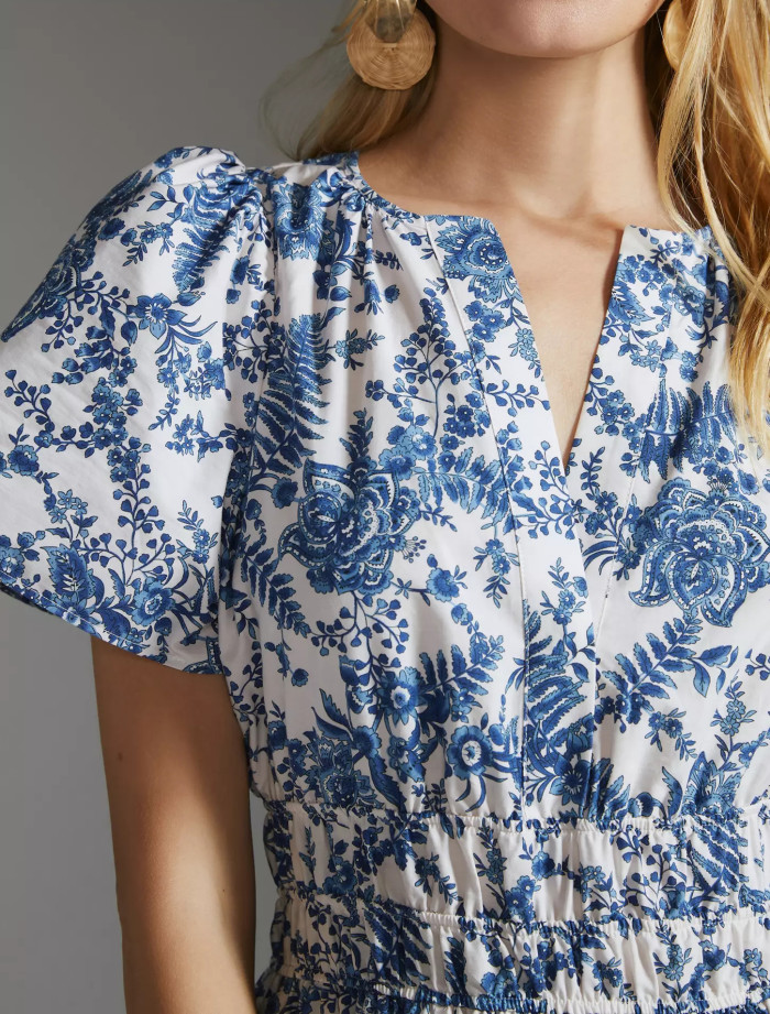 R.Vivimos Women's Summer Cotton V Neck Short Sleeve Boho Floral Print Elastic Smocked Waist A-Line Midi Dress with Pockets