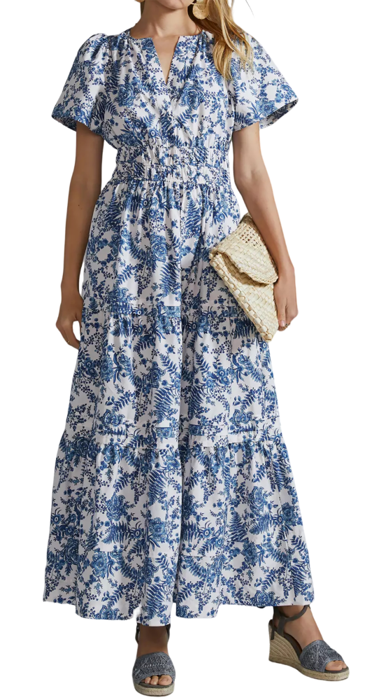 R.Vivimos Women's Summer Cotton V Neck Short Sleeve Boho Floral Print Elastic Smocked Waist A-Line Midi Dress with Pockets