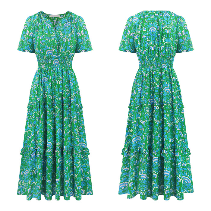 R.Vivimos Women's Summer Cotton V Neck Short Sleeve Boho Floral Print Elastic Smocked Waist A-Line Midi Dress with Pockets