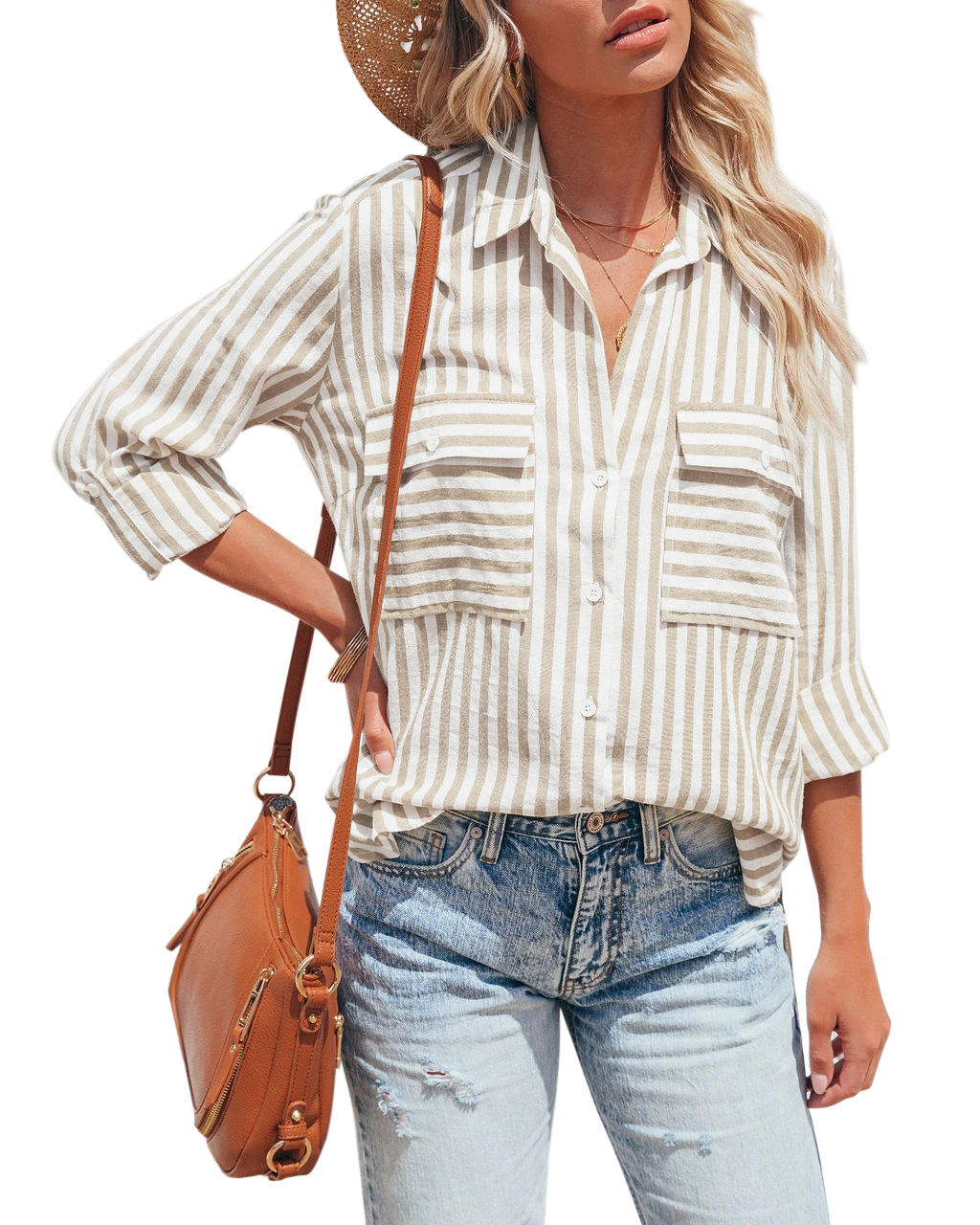 R.Vivimos Women's Fall Cotton Long Sleeves Roll Up Striped Casual V Neck Button Down Shirts Blouses 19