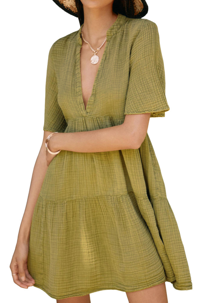 R.Vivimos Womens Summer Cotton Flowy Mini Dress V Neck Short Sleeve Boho Ruffle Tiered Casual Loose Tunic Dress