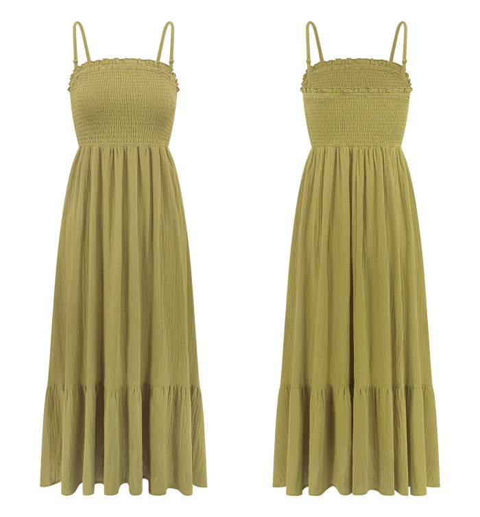R.Vivimos Womens Summer Boho Cotton Maxi Dress Adjustable Spaghetti Strap Elastic Smocked Casual Ruffle Hem Flowy Beach Dress
