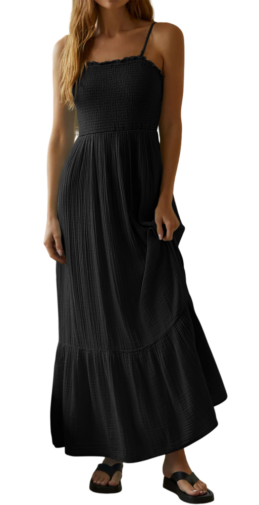 R.Vivimos Womens Summer Boho Cotton Maxi Dress Adjustable Spaghetti Strap Elastic Smocked Casual Ruffle Hem Flowy Beach Dress