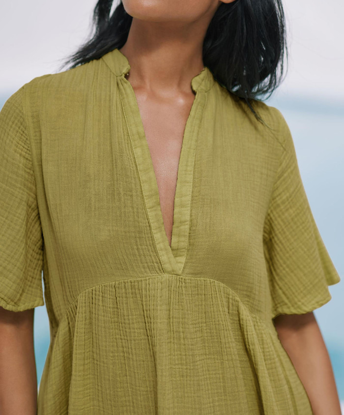 R.Vivimos Womens Summer Cotton Flowy Mini Dress V Neck Short Sleeve Boho Ruffle Tiered Casual Loose Tunic Dress