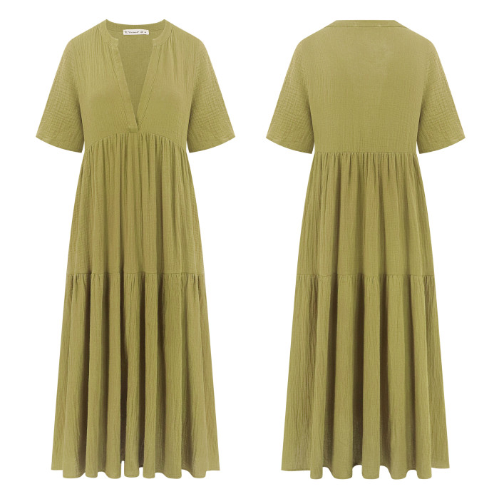 R.Vivimos Womens Summer Cotton Flowy Maxi Dress Short Sleeve V Neck Empire Waist Boho Tiered Ruffle Casual Loose Long Dresses