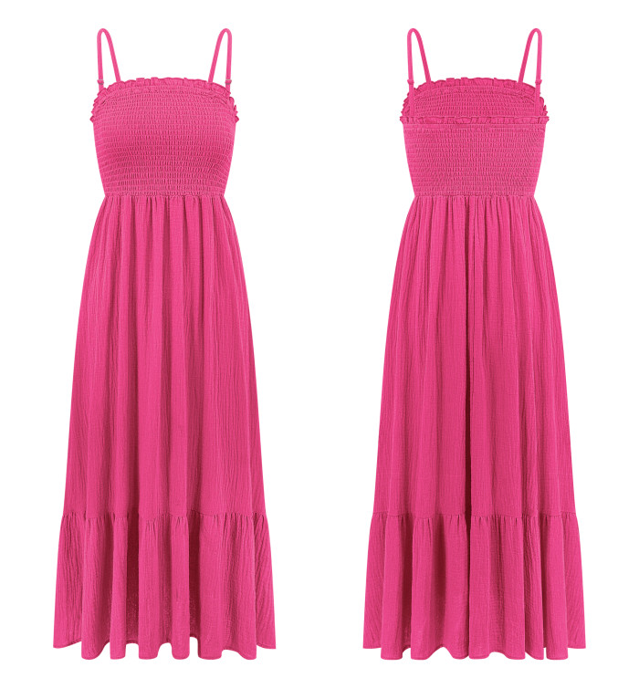 R.Vivimos Womens Summer Boho Cotton Maxi Dress Adjustable Spaghetti Strap Elastic Smocked Casual Ruffle Hem Flowy Beach Dress